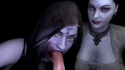 girl Dimitrascu dual blowjob: Resident Evil porn parody