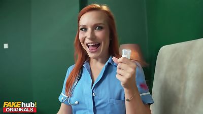 FAKEhub - steamy redhead nurse with ideal tiny rosy shaven coochie has to collect a jism sample