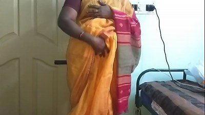 desi  indian insatiable tamil telugu kannada malayalam hindi hotwife wifey vanitha wearing orange colour saree  demonstrating big boobies and bald vagina press hard knockers press nip rubbing twat onanism
